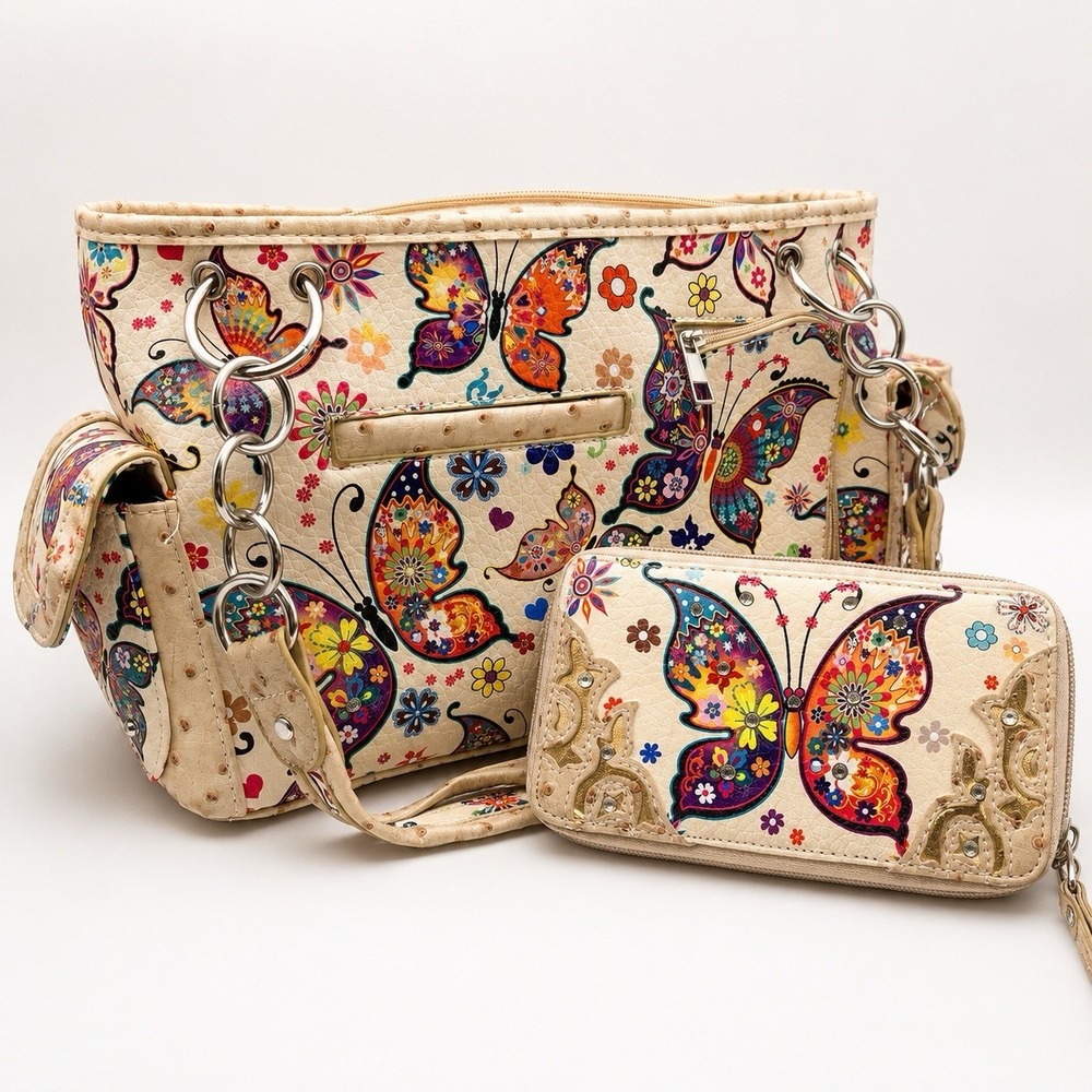 Cowgirl Trendy Butterfly Concealed Carry Purse Wallet Set Western Floral